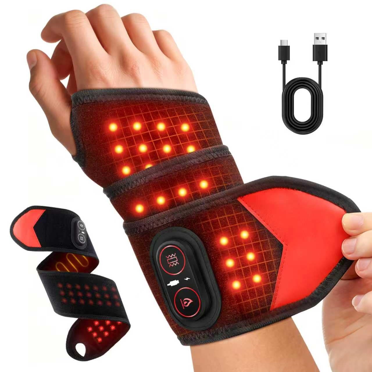 Ankle Mobility Band - ポータブル赤色光療法ラップ 660nm 850nm LED光療法リストブレース、加熱と振動マッサージ機能付き、充電式コードレス、手首・首・膝・足首のスポーツリカバリー、リラクゼーション、オフィスでの使用に最適、温熱療法パッド、柔軟で調整可能なデザイン