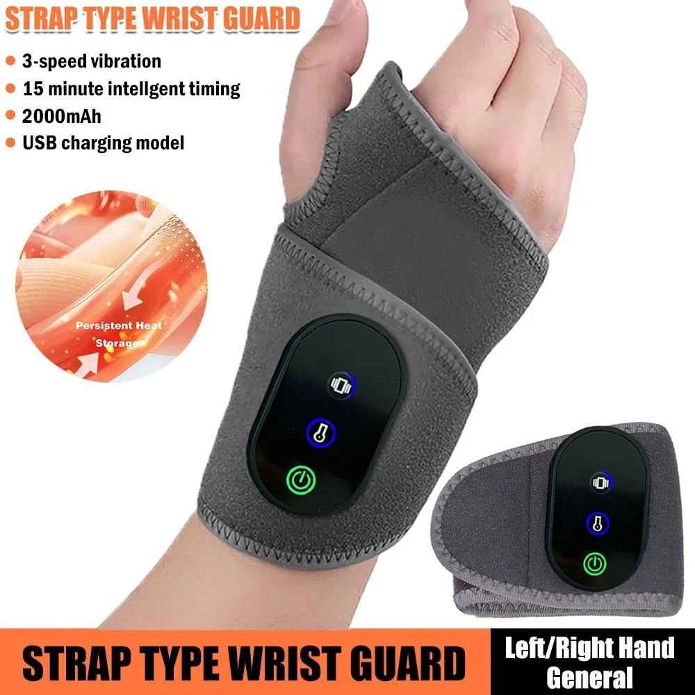 Wrist Wrap Support - コードレス手首加熱パッド、手根管症候群用手首マッサージャー、多周波振動マッサージ、加熱式手首ラップブレース、2000mAh充電式、グレー