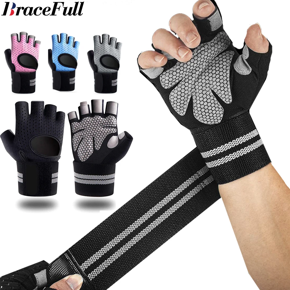 Wrist Wrap Support - 1 ペアハーフフィンガージムフィットネスグローブリストラップサポート付き男性女性クロスフィットワークアウトパワーウェイトリフティング機器